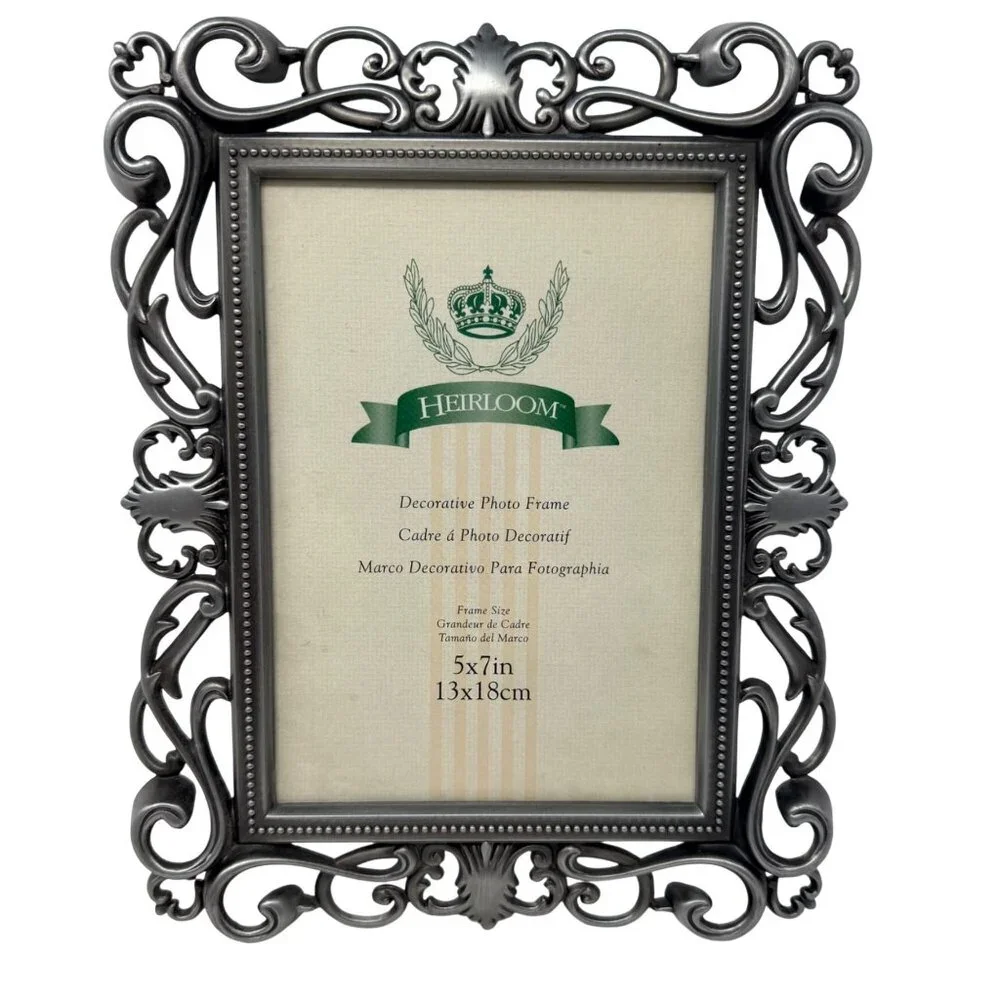 Vintage Ornate Pewter Tone Scroll‎ Photo Frame Heavy Metal Holds 5x7